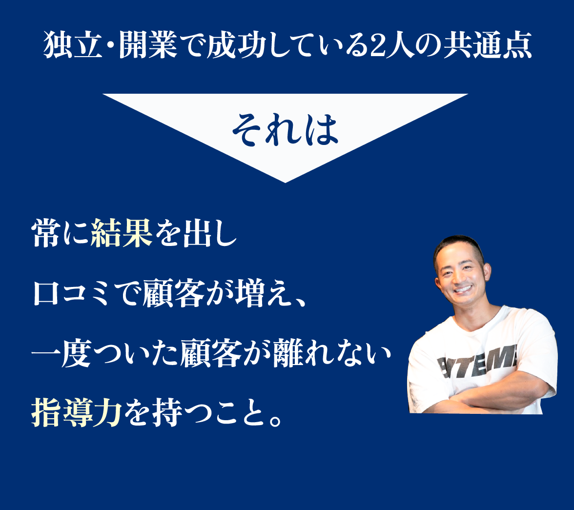 独立・開業で成功している2人の共通点。それは、顧客がよりよい顧客を呼び、一度ついた顧客が離れない知識と動力を持つこと!
